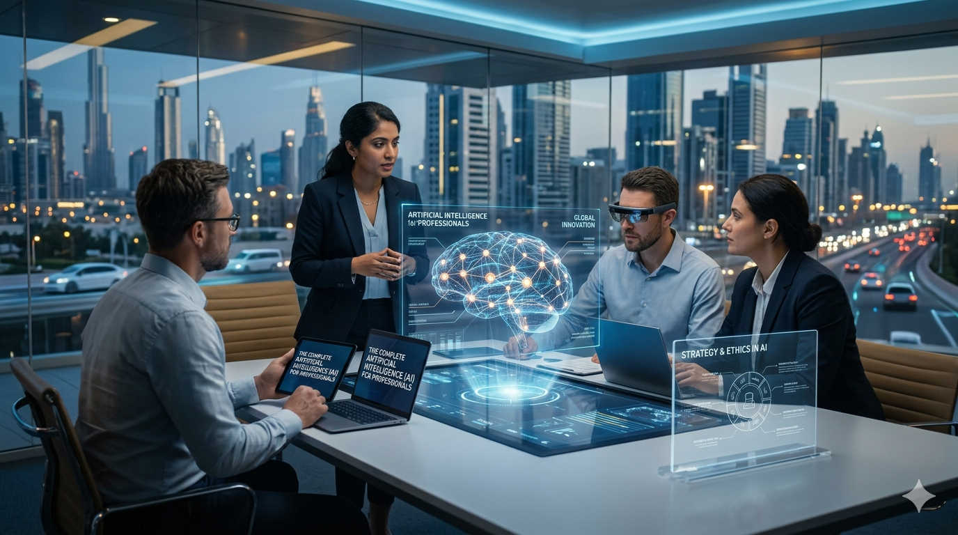 Uma equipe de quatro profissionais em uma sala de reunião moderna e bem iluminada, participando de uma sessão colaborativa. O ambiente conta com projeções holográficas avançadas de redes neurais e cérebros digitais sobre a mesa de conferência, simbolizando o aprendizado prático e a aplicação de tecnologia. No centro da sala, a projeção destaca o título 'ARTIFICIAL INTELLIGENCE for PROFESSIONALS' e 'GLOBAL INNOVATION'. Um dos membros utiliza óculos de realidade aumentada (AR) para visualizar os dados. Nas telas dos laptops, vê-se o título 'THE COMPLETE ARTIFICIAL INTELLIGENCE (AI) FOR PROFESSIONALS' e gráficos sobre 'STRATEGY & ETHICS IN AI'. A imagem evoca uma atmosfera cinematográfica e de alta tecnologia, perfeita para quem busca se tornar um Especialista em IA através de um Curso de Inteligência Artificial para aprender Inteligência Artificial na prática e dominar a IA para Profissionais.
