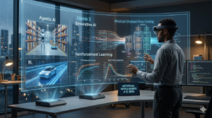 Uma visualização cinematográfica e hiper-realista da Inteligência Artificial em 2026, destacando os conceitos do curso Artificial Intelligence A-Z. A imagem mostra um especialista interagindo com hologramas que representam Agentic AI através de robótica autônoma, IA Generativa com modelos Llama 2 e Gen AI, e Reinforcement Learning (Aprendizado por Reforço) com gráficos de treinamento e PPO. Uma tela central exibe o título 'Artificial Intelligence A-Z: 2026', ideal para buscas sobre LLMs e aplicações de IA no mundo real.