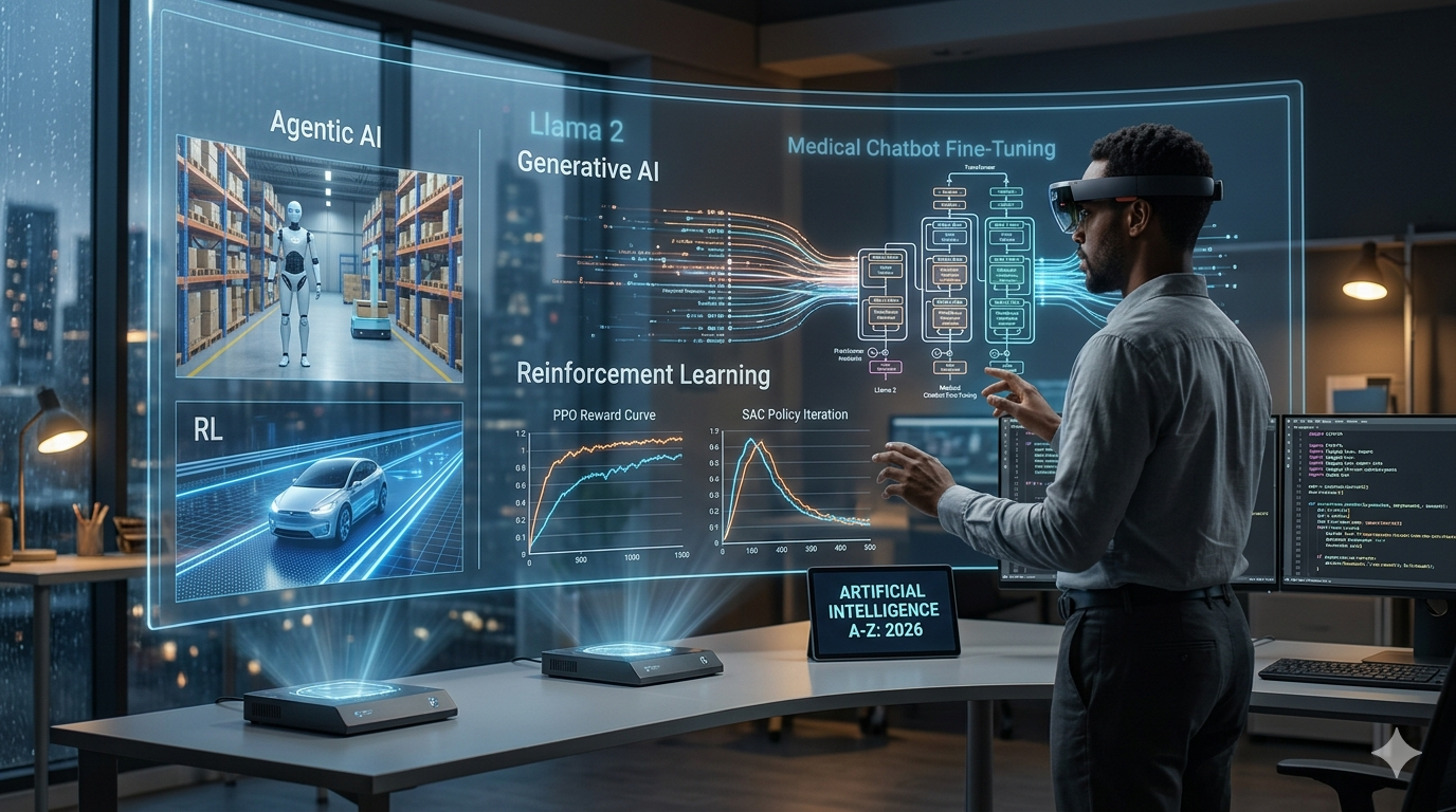 Uma visualização cinematográfica e hiper-realista da Inteligência Artificial em 2026, destacando os conceitos do curso Artificial Intelligence A-Z. A imagem mostra um especialista interagindo com hologramas que representam Agentic AI através de robótica autônoma, IA Generativa com modelos Llama 2 e Gen AI, e Reinforcement Learning (Aprendizado por Reforço) com gráficos de treinamento e PPO. Uma tela central exibe o título 'Artificial Intelligence A-Z: 2026', ideal para buscas sobre LLMs e aplicações de IA no mundo real.