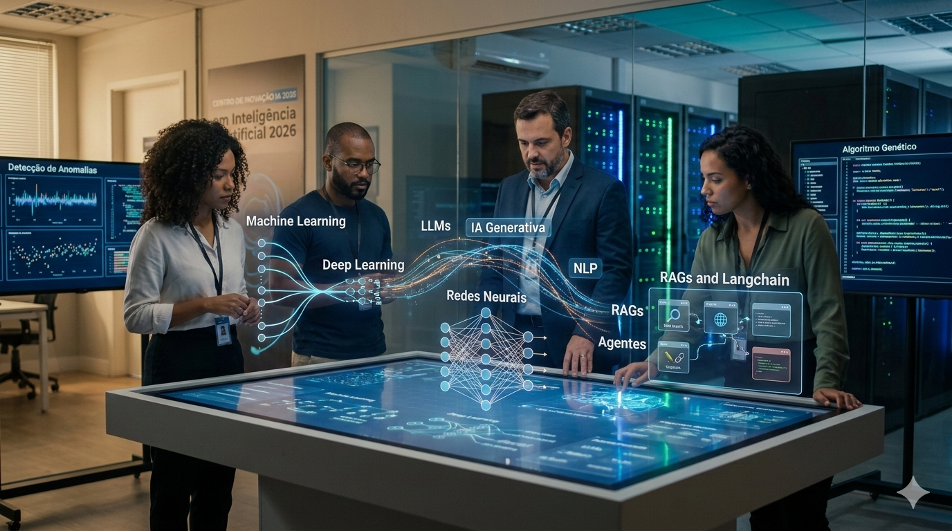 Formação Completa em Inteligência Artificial 2026 mostrando equipe interagindo com IA Generativa, Machine Learning, Deep Learning, LLMs e Agentes em laboratório tecnológico cinematográfico