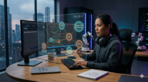 Uma engenheira de IA em seu estúdio de desenvolvimento de 2026, interagindo com interfaces holográficas que visualizam conceitos de IA de ponta como LLMs, NLP, Transformers e bancos de dados vetoriais, com um notebook 'AI Engineer Bootcamp 2026' na mesa. Esta imagem captura a essência do conteúdo do Melhor Curso para Engenharia de IA: Review do Bootcamp 2026.