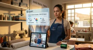 Uma fotografia de alta qualidade e com iluminação quente de um ateliê de costura e pequena confecção em Franca, São Paulo. A protagonista é Marta, uma microempreendedora brasileira (MEI) de 30 anos, com um avental prático onde se lê "MARTA - MEI". Ela está focada em uma interação avançada com a IA. Sobre o seu tablet, que transmite uma imagem de câmera ao vivo, uma interface holográfica e translúcida do ChatGPT está projetada. Esta interface exibe, de forma limpa, o ícone da OpenAI e a barra de progresso: "Categorizando Estoque... (20/120 itens)". Para ancorar a imagem na realidade local, detalhes autênticos estão presentes: um pequeno terminal de pagamento brasileiro (maquininha de cartão), carretéis de linha coloridos, tecidos dobrados e, ao fundo, uma placa rústica "Ateliê Marta - Franca". A luz natural do final de tarde entra pela janela, criando uma atmosfera de produtividade autêntica e tecnologia integrada sem esforço. Sem textos grandes ou poluídos, a imagem conta a história de "execução autônoma" em 1 segundo.