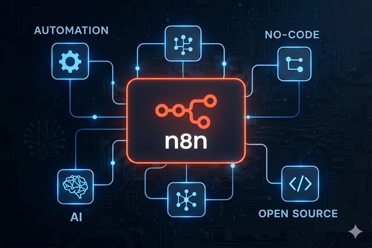 Um diagrama técnico futurista em um fundo de placa de circuito escuro, mostrando o logotipo "n8n" em uma caixa laranja brilhante central, conectada por linhas azuis brilhantes a outras caixas de ícones rotuladas "AUTOMATION", "AI", "NO-CODE" e "OPEN SOURCE".