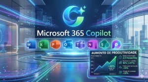 Uma imagem de renderização futurista e de alta tecnologia de um ambiente de sala de controle de dados focada no Microsoft 365 Copilot. No centro superior, há um grande e brilhante logotipo do Copilot (um "C" estilizado azul e verde com uma estrela) acima do texto "Microsoft 365 Copilot" em branco e verde. Abaixo disso, uma linha flutuante e transparente de ícones de aplicativos do Microsoft 365 em ordem: Word, Excel, PowerPoint, Outlook, Teams, OneNote, SharePoint e o ícone roxo do Copilot. Na parte inferior direita, há um painel de exibição holográfico com o título "AUMENTO DE PRODUTIVIDADE" acima de um gráfico de linha azul ascendente que mostra um aumento da produtividade do Semestre 1 para o Semestre 2, com o texto "+40% Média de Ganho" e uma seta verde para cima. À direita do gráfico, quatro métricas detalhadas são listadas em português com ícones: "Tempo Economizado: 2,5 Horas/Dia", "Eficiência no Trabalho: 92% (+27%)", "Colaboração Aprimorada: +35%", e "Geração de Conteúdo: +50%". O fundo é uma sala de controle ultramoderna com plataformas circulares iluminadas por neon azuis e roxos, feixes de luz de dados e uma vista de uma cidade moderna através de paredes de vidro. O estilo é limpo e digital.