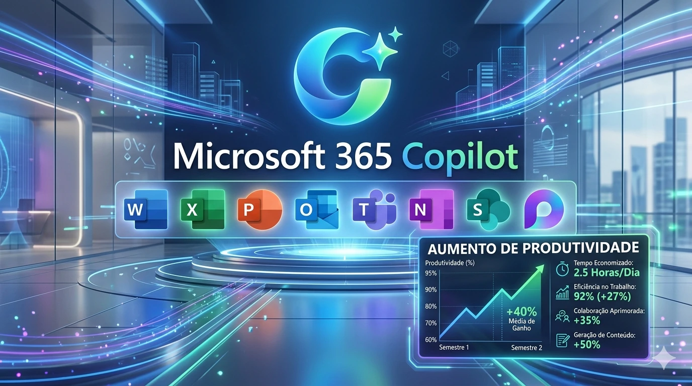 Uma imagem de renderização futurista e de alta tecnologia de um ambiente de sala de controle de dados focada no Microsoft 365 Copilot. No centro superior, há um grande e brilhante logotipo do Copilot (um "C" estilizado azul e verde com uma estrela) acima do texto "Microsoft 365 Copilot" em branco e verde. Abaixo disso, uma linha flutuante e transparente de ícones de aplicativos do Microsoft 365 em ordem: Word, Excel, PowerPoint, Outlook, Teams, OneNote, SharePoint e o ícone roxo do Copilot. Na parte inferior direita, há um painel de exibição holográfico com o título "AUMENTO DE PRODUTIVIDADE" acima de um gráfico de linha azul ascendente que mostra um aumento da produtividade do Semestre 1 para o Semestre 2, com o texto "+40% Média de Ganho" e uma seta verde para cima. À direita do gráfico, quatro métricas detalhadas são listadas em português com ícones: "Tempo Economizado: 2,5 Horas/Dia", "Eficiência no Trabalho: 92% (+27%)", "Colaboração Aprimorada: +35%", e "Geração de Conteúdo: +50%". O fundo é uma sala de controle ultramoderna com plataformas circulares iluminadas por neon azuis e roxos, feixes de luz de dados e uma vista de uma cidade moderna através de paredes de vidro. O estilo é limpo e digital.