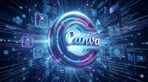 Uma renderização 3D futurista e de alta tecnologia do logotipo do Canva. No centro, um grande portal monumental em forma de 'C' feito de metal polido e anéis de luz neon azul e magenta emoldura a palavra 'Canva' em script. À esquerda, três ícones quadrados luminosos e flutuantes estão dispostos em uma grade, rotulados com texto legível: 'Magic Studio' (com um pincel de estrela), 'Magic Studio' (com brilhos de estrela) e 'Magic Design' (com um controle de design). O fundo é um complexo e profundo ambiente de ciberespaço, preenchido com fluxos de código de programação luminosos, redes de dados interconectadas, estruturas hexagonais e nuvens de partículas de luz em tons de roxo e azul elétrico. A iluminação é dramática e emana de todos os elementos digitais, criando um brilho intenso e reflexos. O ponto de vista é ligeiramente baixo, olhando para o logotipo centralizado.