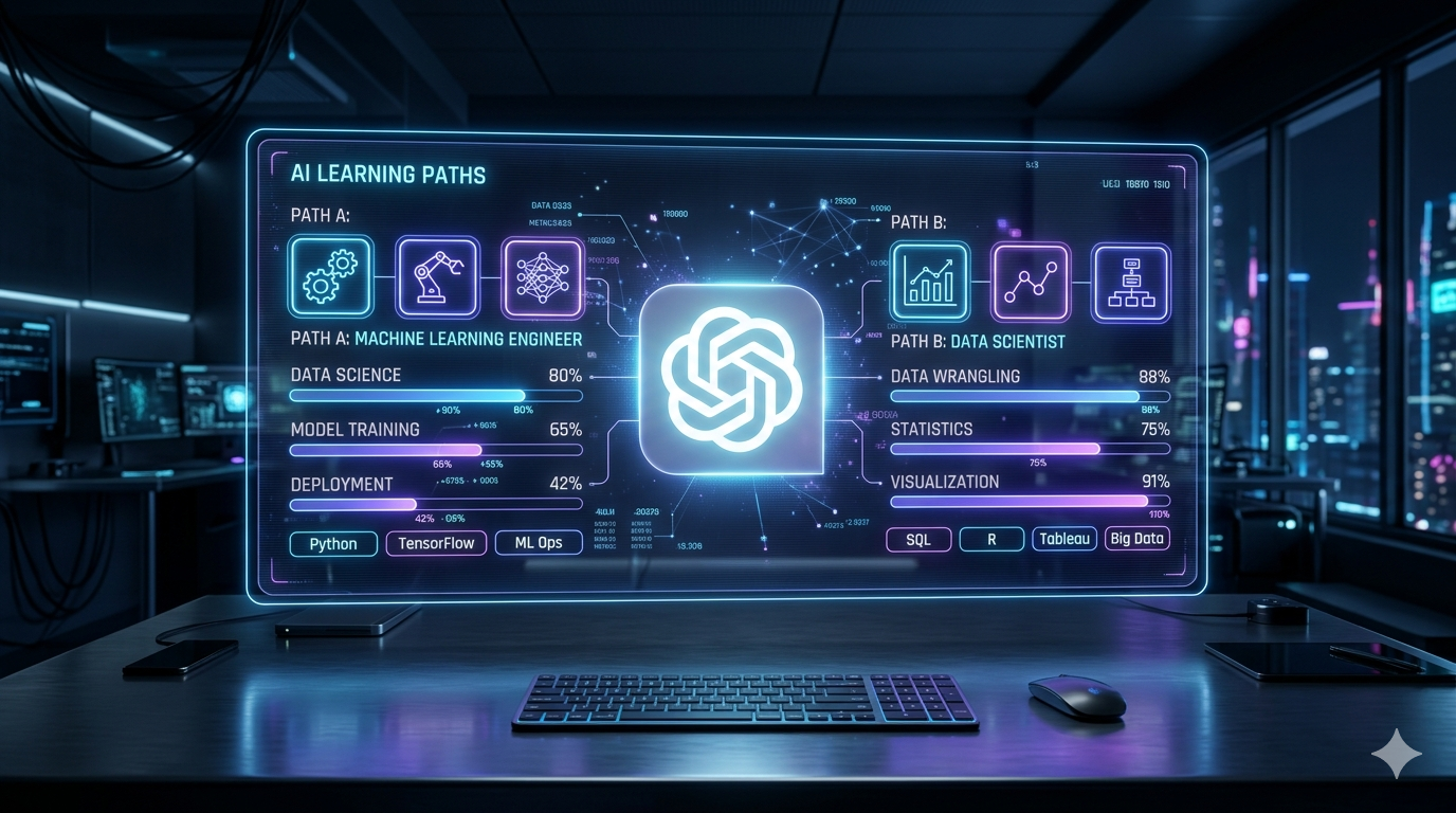 Descrição: Uma renderização 3D futurista em formato wide-angle (16:9) de um painel holográfico flutuando sobre uma mesa metálica escura e polida. No centro do holograma, o logotipo do ChatGPT brilha intensamente em branco e azul, atuando como a principal fonte de luz. O dashboard está dividido em dois caminhos de aprendizado de IA: Lado Esquerdo (Path A): Focado em "Machine Learning Engineer", exibindo ícones de engrenagens, braços robóticos e redes neurais, com barras de progresso para "Data Science", "Model Training" e "Deployment". Lado Direito (Path B): Focado em "Data Scientist", com ícones de gráficos e bancos de dados, mostrando progresso em "Data Wrangling", "Statistics" e "Visualization". O ambiente é um escritório de alta tecnologia com iluminação cinematográfica em tons de azul neon e violeta. Ao fundo, através de grandes janelas, vê-se o perfil de uma cidade futurista à noite.