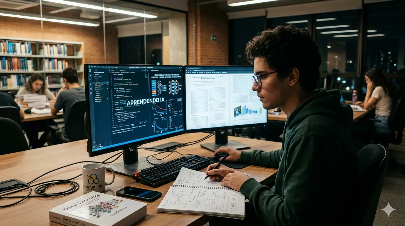 Uma fotografia hiper-realista e cinematográfica de um jovem estudante imerso no estudo de Inteligência Artificial em uma biblioteca moderna à noite. O estudante, de óculos e moletom verde, está sentado em uma mesa de madeira, concentrado entre dois monitores de alta resolução. A tela da esquerda exibe linhas de código e gráficos de redes neurais com o texto "APRENDENDO IA", enquanto a tela da direita mostra um artigo científico detalhado. Sobre a mesa, há um caderno aberto onde ele faz anotações à mão, um livro técnico intitulado "Deep Learning", um smartphone e uma caneca de café. O ambiente ao fundo é levemente desfocado, revelando outros estudantes e estantes de livros sob uma iluminação quente e acolhedora, criando uma atmosfera de foco acadêmico profundo. A composição utiliza uma proporção 16:9 com cores vibrantes e contrastes nítidos.