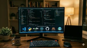 Uma fotografia de uma mesa de desenvolvimento de software à noite. No monitor curvo central, há um resumo da pilha de tecnologia do projeto com os logotipos e nomes do VS Code, Python, Node.js, React, GitHub, Claude AI e Copilot. Na mesa de madeira, há uma caneca com o logotipo do GitHub, plantas, um teclado mecânico, um mouse e um laptop. O fundo mostra prateleiras de livros e uma janela com vista para a cidade à noite.