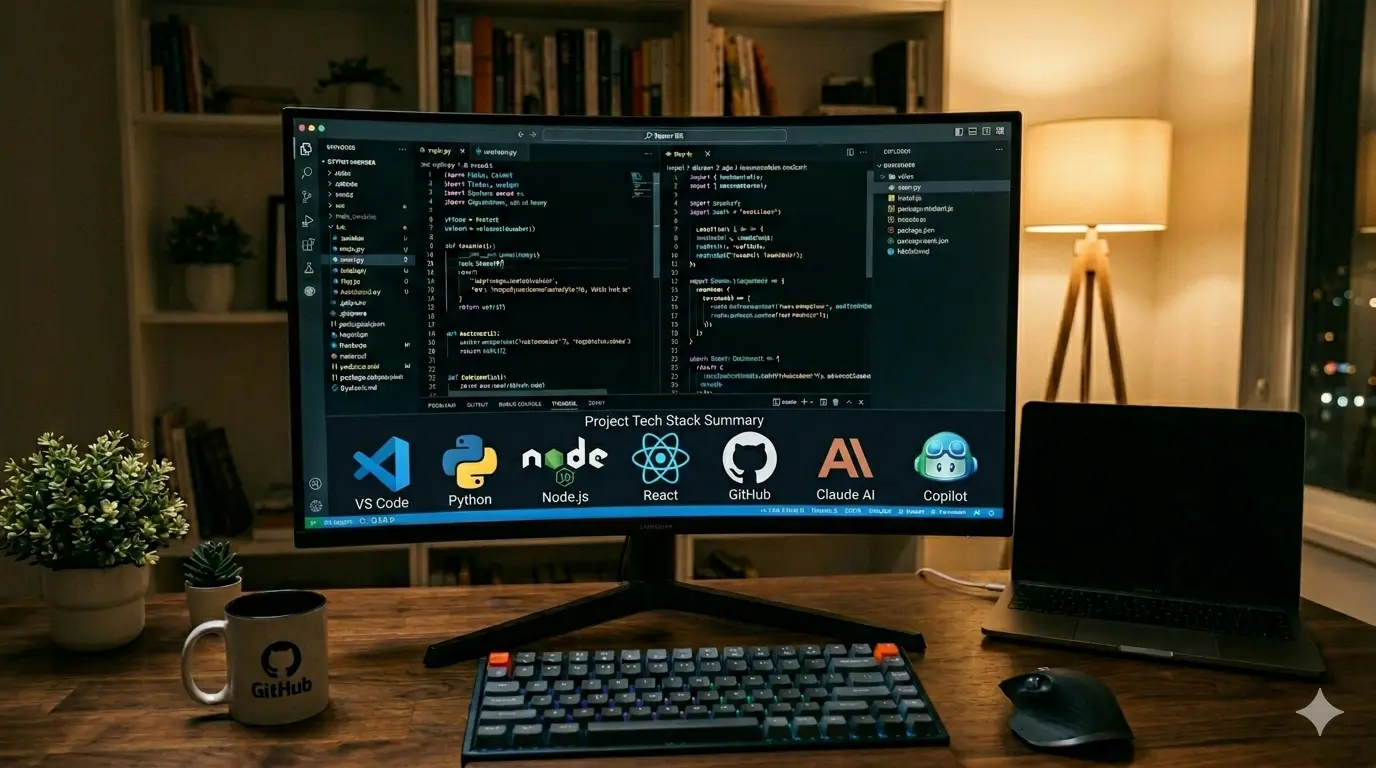 Uma fotografia de uma mesa de desenvolvimento de software à noite. No monitor curvo central, há um resumo da pilha de tecnologia do projeto com os logotipos e nomes do VS Code, Python, Node.js, React, GitHub, Claude AI e Copilot. Na mesa de madeira, há uma caneca com o logotipo do GitHub, plantas, um teclado mecânico, um mouse e um laptop. O fundo mostra prateleiras de livros e uma janela com vista para a cidade à noite.