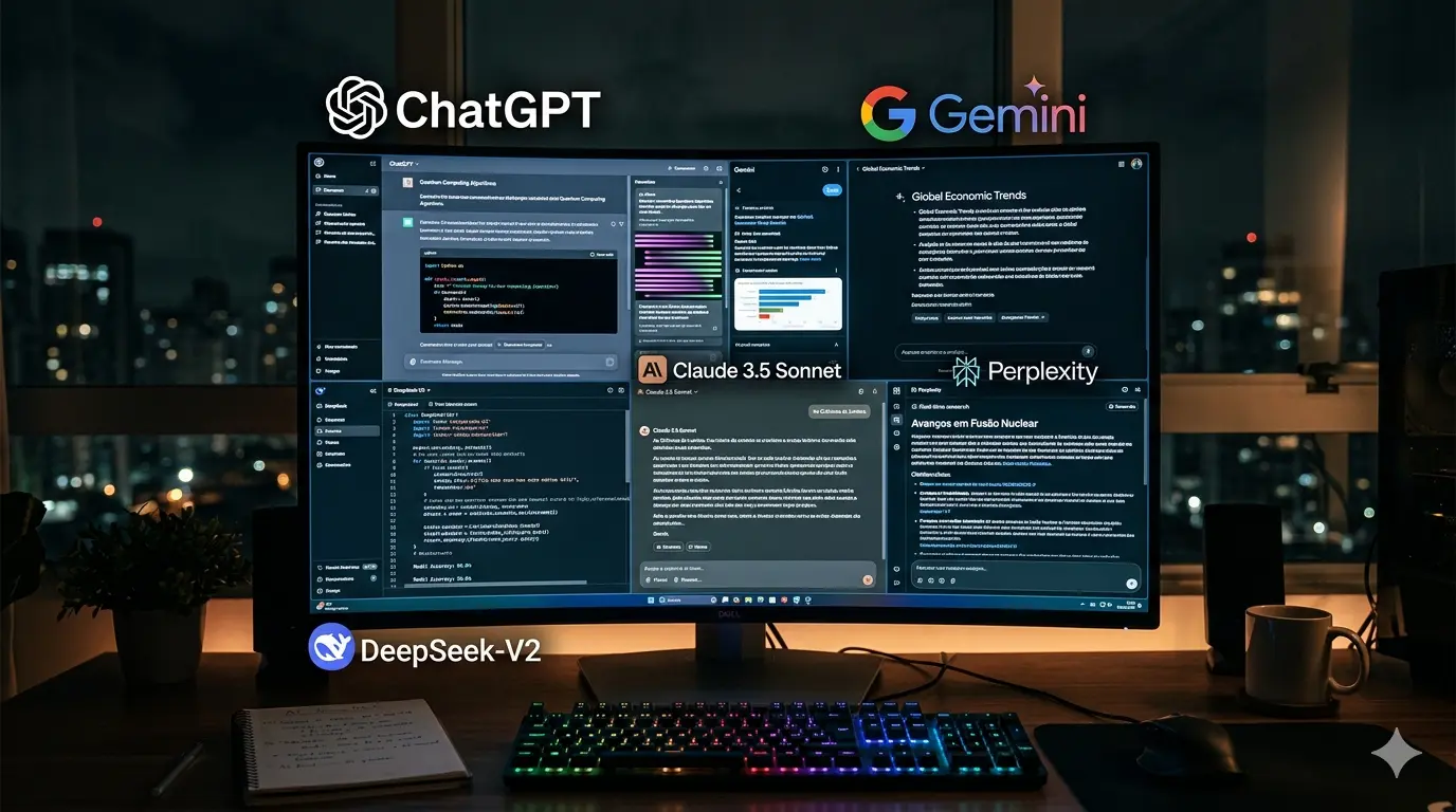 Uma imagem hiper-realista e cinematográfica de uma estação de trabalho moderna à noite. No centro, um monitor de alta resolução exibe uma interface multitarefa com janelas abertas contendo códigos de programação, gráficos de tendências econômicas globais e textos sobre fusão nuclear. Ao redor da tela, flutuam em destaque os logotipos das principais IAs: ChatGPT, Gemini, Claude 3.5 Sonnet, Perplexity e DeepSeek-V2. O ambiente é composto por um teclado mecânico retroiluminado com cores RGB, um mouse, uma caneca de café e um caderno de anotações sobre uma mesa de madeira escura. Ao fundo, através de uma janela, vê-se o desfoque das luzes de uma cidade urbana (bokeh), criando uma atmosfera tecnológica e produtiva.