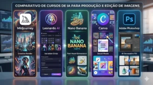 Infográfico horizontal com estética futurista e fundo de escritório tecnológico, apresentando um comparativo de cinco ferramentas de IA organizadas em colunas verticais vibrantes. No topo, lê-se o título "COMPARATIVO DE CURSOS DE IA PARA PRODUÇÃO E EDIÇÃO DE IMAGENS". Da esquerda para a direita, as colunas destacam: Midjourney: Moldura laranja, ícone de barco e exemplos de artes conceituais detalhadas; Leonardo AI: Moldura roxa, ícone de rosto feminino e interface de variações de modelos; Nano Banana: Moldura verde, logotipo de banana em neon e ícones de geração rápida de assets; Canva: Moldura violeta, logotipo 'C' e painéis focados em design para redes sociais; Adobe Photoshop: Moldura azul, logotipo 'Ps' e demonstrações da ferramenta Generative Fill para edição de fotos. Cada coluna possui iluminação neon própria, criando um visual moderno e organizado.