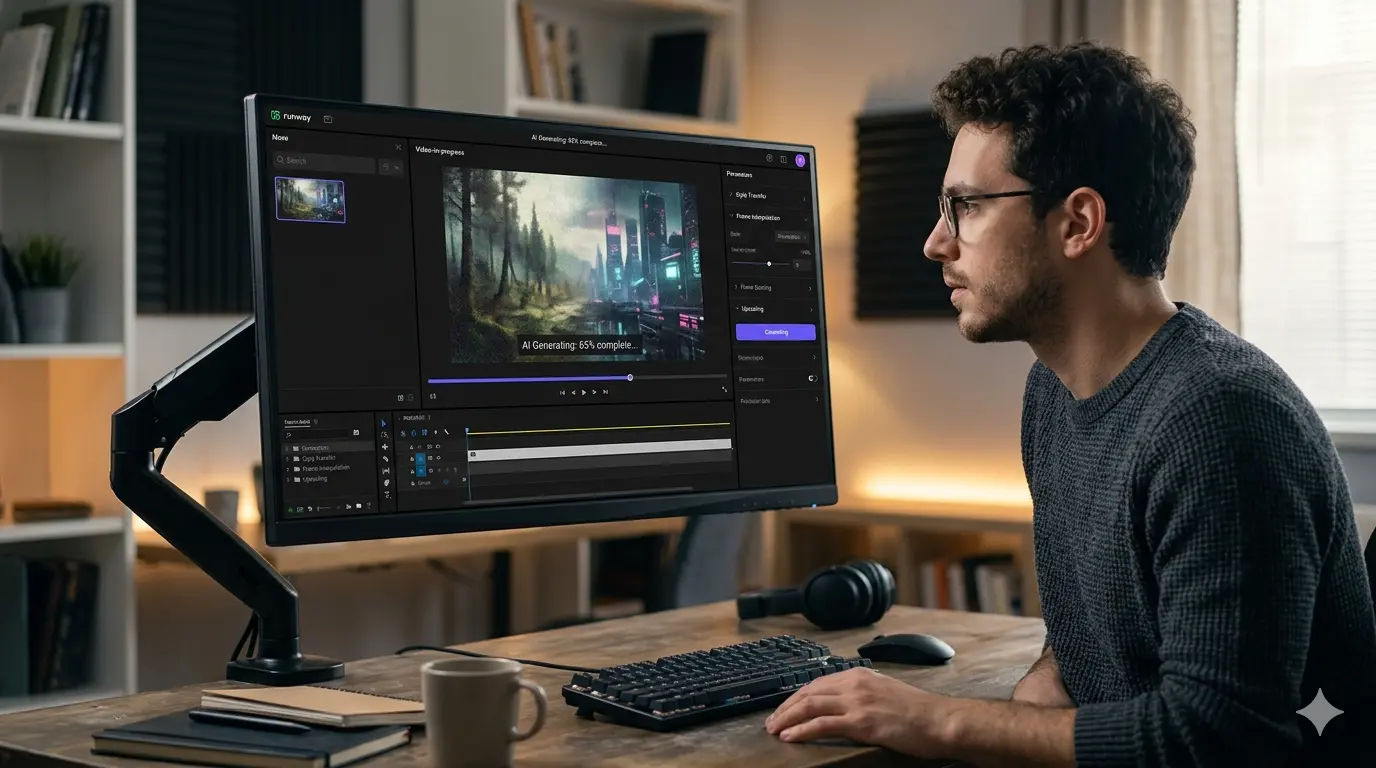 Fotografia em estilo hiper-realista mostrando um jovem de perfil, usando óculos, sentado em frente a um monitor profissional de bordas finas em um estúdio de design. A tela exibe a interface de um software de edição e geração de vídeo por IA, onde uma paisagem urbana futurista está sendo renderizada. No centro da tela, lê-se a mensagem "AI Generating: 65% complete...". O ambiente é suavemente iluminado por luzes quentes e azuladas, revelando uma mesa de madeira com teclado mecânico, fones de ouvido e uma caneca. O foco está na tela e na expressão concentrada do usuário, transmitindo uma atmosfera de tecnologia avançada e fluxo de trabalho criativo.
