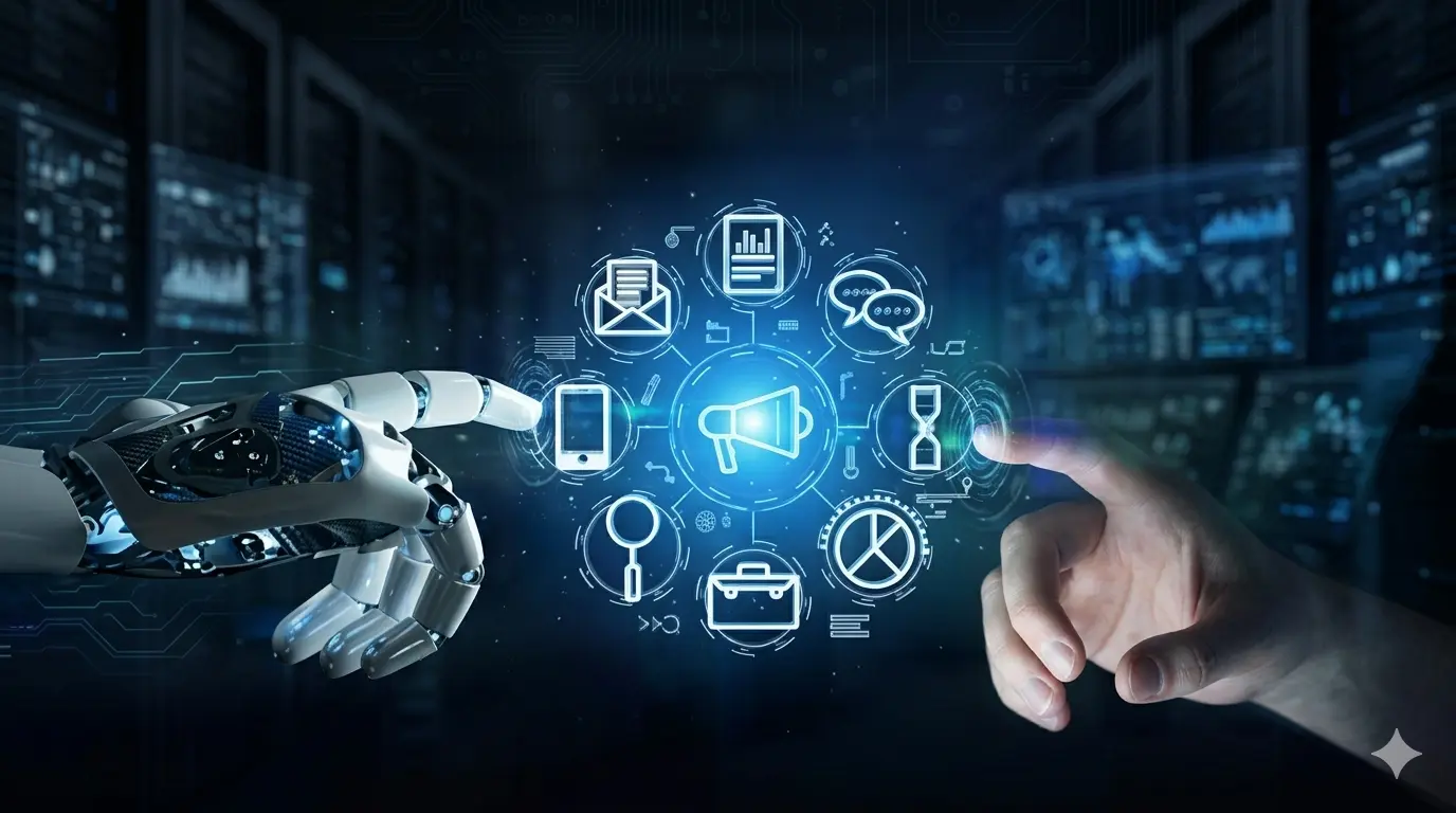 Uma imagem hiper-realista e cinematográfica em formato 16:9, mostrando o encontro de uma mão robótica detalhada à esquerda e uma mão humana à direita. Ambas convergem para um núcleo digital central azul e brilhante, composto por ícones de marketing digital (como um megafone, envelope de e-mail, lupa, smartphone, gráficos e balões de conversa). O fundo é um ambiente tecnológico escuro de um centro de dados, com luzes neon azuis e circuitos sutis, simbolizando a colaboração entre inteligência artificial e humanos.
