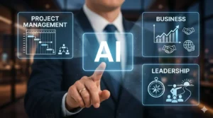 Uma imagem hiper-realista e cinematográfica em formato wide (16:9) mostrando o torso de um homem vestindo um terno azul-marinho e gravata. Ele aponta o dedo indicador para uma interface holográfica brilhante e flutuante. No centro, há um retângulo iluminado com a sigla "AI" em destaque. Ao redor, três quadros digitais exibem ícones e textos: à esquerda, "PROJECT MANAGEMENT" com um gráfico de Gantt; no canto superior direito, "BUSINESS" com gráficos de crescimento e um aperto de mão; e no canto inferior direito, "LEADERSHIP" com uma bússola e a silhueta de um líder guiando pessoas rumo ao horizonte. O fundo é um ambiente de escritório moderno, propositalmente desfocado para dar profundidade à cena.