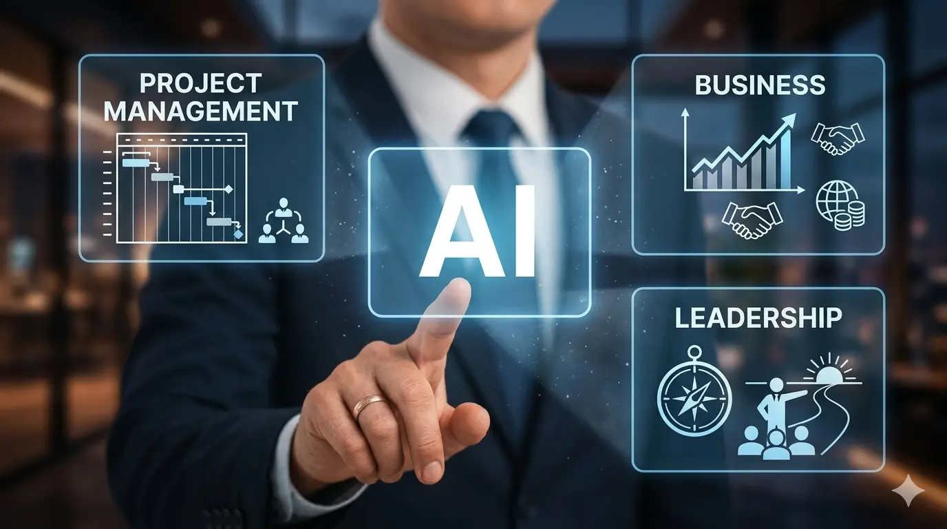 Uma imagem hiper-realista e cinematográfica em formato wide (16:9) mostrando o torso de um homem vestindo um terno azul-marinho e gravata. Ele aponta o dedo indicador para uma interface holográfica brilhante e flutuante. No centro, há um retângulo iluminado com a sigla "AI" em destaque. Ao redor, três quadros digitais exibem ícones e textos: à esquerda, "PROJECT MANAGEMENT" com um gráfico de Gantt; no canto superior direito, "BUSINESS" com gráficos de crescimento e um aperto de mão; e no canto inferior direito, "LEADERSHIP" com uma bússola e a silhueta de um líder guiando pessoas rumo ao horizonte. O fundo é um ambiente de escritório moderno, propositalmente desfocado para dar profundidade à cena.