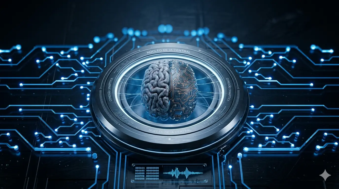 Esta imagem apresenta uma representação visual impressionante da Inteligência Artificial (IA) e sua intrincada conexão com os circuitos cibernéticos. O ponto central é um cérebro dividido em dois hemisférios, o esquerdo representando a biologia e o direito, a tecnologia. O hemisfério esquerdo é meticulosamente renderizado para parecer uma rede neural orgânica, com complexas dobras e filamentos finos irradiando para fora, sugerindo os padrões complexos do pensamento humano e da atividade sináptica. O hemisfério direito, por outro lado, é um cérebro mecânico, composto por placas de circuito integradas e componentes microeletrônicos, acentuados por pontos luminosos de luz azul que imitam os impulsos elétricos de uma rede neural artificial. Ambos os hemisférios estão contidos num anel metálico que ostenta gravuras em português, 'NÚCLEO DE IA CENTRAL' e 'CONEXÃO SINÁPTICA', servindo de legenda clara para os conceitos que a imagem explora. Este anel central está ligado a um vasto e expansivo sistema de traços de circuitos digitais que se espalham horizontalmente sobre um fundo preto texturizado. Estes circuitos brilham com uma luz azul intensa e vibrante, criando um efeito dinâmico e energético que enfatiza o processamento e a transmissão de informações digitais. O fundo exibe ainda mais pontos azuis desfocados e linhas horizontais mais finas, criando profundidade e uma sensação de um vasto ecossistema digital. A iluminação é dramaticamente focada, iluminando os detalhes do cérebro e dos circuitos enquanto o fundo permanece escuro, criando um contraste visual impactante que simboliza a inovação e o futuro da tecnologia.