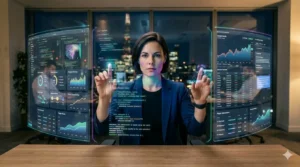 Fotografia cinematográfica e hiper-realista de uma profissional vista de frente, interagindo com interfaces holográficas e translúcidas que flutuam no ar à sua frente. As telas digitais exibem fluxos de dados, gráficos coloridos e linhas de código em um estilo futurista. A mulher veste um blazer azul e demonstra foco intenso. O ambiente é um escritório moderno de alto padrão à noite, com grandes janelas ao fundo revelando o horizonte iluminado de uma metrópole. A iluminação é dramática, com o brilho azulado das telas refletindo suavemente no rosto da profissional.