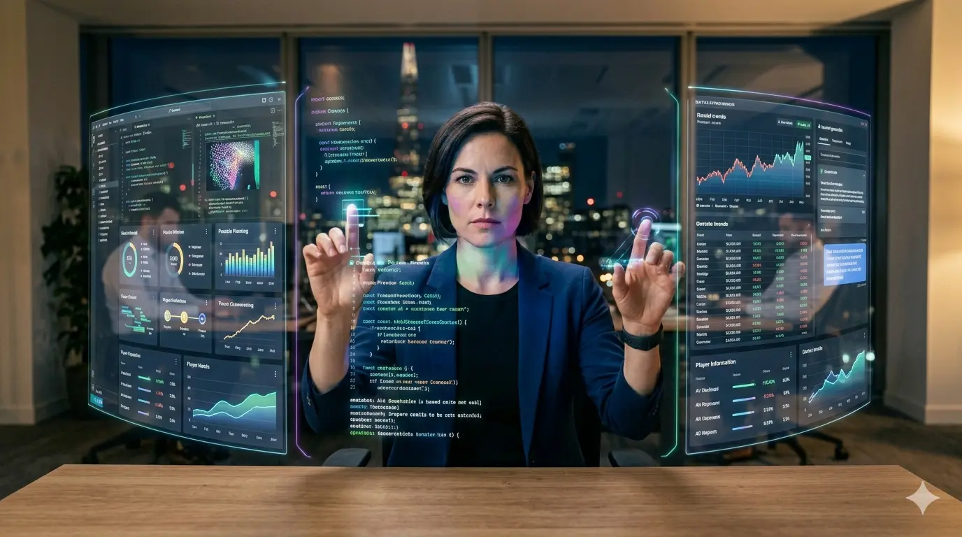 Fotografia cinematográfica e hiper-realista de uma profissional vista de frente, interagindo com interfaces holográficas e translúcidas que flutuam no ar à sua frente. As telas digitais exibem fluxos de dados, gráficos coloridos e linhas de código em um estilo futurista. A mulher veste um blazer azul e demonstra foco intenso. O ambiente é um escritório moderno de alto padrão à noite, com grandes janelas ao fundo revelando o horizonte iluminado de uma metrópole. A iluminação é dramática, com o brilho azulado das telas refletindo suavemente no rosto da profissional.