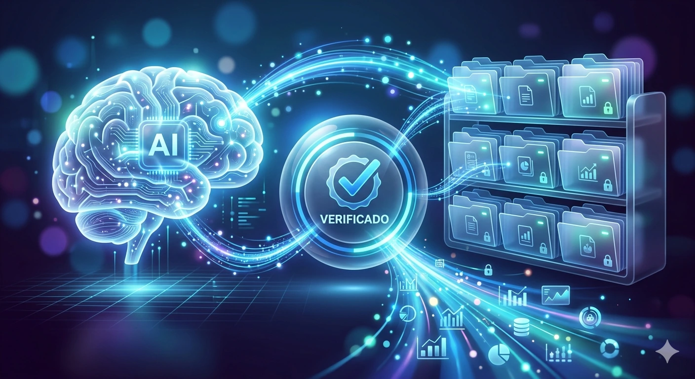 Uma ilustração digital futurista que representa o processamento de dados por uma inteligência artificial confiável. No lado esquerdo, um cérebro humano translúcido e brilhante, repleto de circuitos e caminhos neurais, contém um chip central rotulado com o texto "AI" (Inteligência Artificial). Do cérebro, feixes de luz dinâmicos e brilhantes fluem para um nó central circular que apresenta um selo de verificação de marca de verificação branca dentro de um círculo azul e o texto "VERIFICADO" logo abaixo, em português. À direita do nó central, há uma prateleira futurista com pastas de arquivos digitais trancadas e organizadas, contendo ícones que representam documentos, gráficos e estatísticas. Abaixo das pastas, feixes de luz menores terminam em uma variedade de ícones de gráficos de barras, gráficos de linhas, pilhas de moedas, ícones de nuvem/servidor e outras análises de dados, simbolizando insights confiáveis e processamento de dados seguro. O fundo é um ambiente digital tecnológico e escuro, com partículas de luz, grades e luzes bokeh, em tons de azul, roxo e ciano brilhantes.