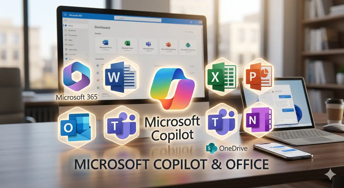 O logotipo central da imagem é o "Microsoft 365", que apresenta um círculo com o logotipo da Microsoft em seu interior. A linha superior apresenta logotipos do "W" do Word, do "E" do Excel, do "P" do PowerPoint e do "T" do Teams. A linha inferior apresenta logotipos do "O" do Outlook, do "S" do Sharepoint e do "N" do OneNote. Todos os logotipos estão iluminados com uma luz suave e branca. Na parte inferior da imagem, é possível ver o nome "MICROSOFT COPILOT & OFFICE". A imagem é rica em detalhes e apresenta uma composição equilibrada.