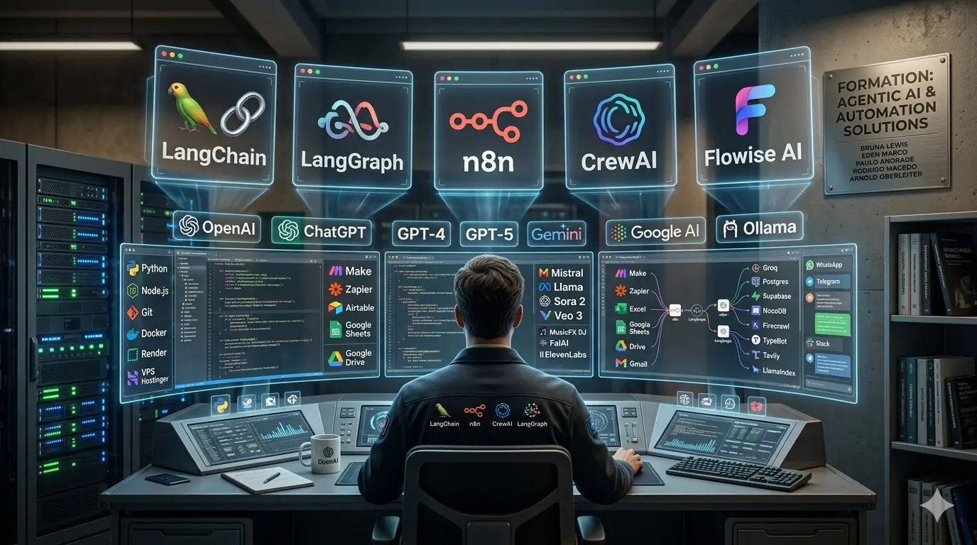 Uma imagem fotorrealista de um homem sentado de costas em uma estação de controle futurista, olhando para múltiplos monitores com interfaces holográficas complexas. Acima dos monitores principais, cinco grandes logotipos de tecnologias de IA e automação flutuam em azul neon: LangChain, LangGraph, n8n, CrewAI e Flowise AI. Abaixo deles, fileiras de logotipos menores como OpenAI, Gemini, e Google AI são visíveis. Os monitores exibem código-fonte Python, diagramas de fluxo de trabalho (como conexões com Zapier e Make) e uma ampla gama de ferramentas de infraestrutura (como Docker e Python) e serviços de mensagens (como WhatsApp, Telegram, Slack). O homem veste uma jaqueta preta com os quatro logotipos centrais nas costas. O ambiente inclui racks de servidores iluminados e estantes de livros. No canto superior direito, uma placa de metal com o texto 'FORMATION: AGENTIC AI & AUTOMATION SOLUTIONS' e nomes de instrutores.