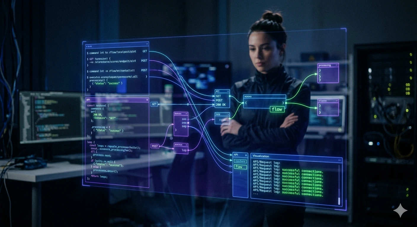 Uma jovem mulher, com cabelos presos em um coque e vestindo uma jaqueta preta de estilo técnico, está de pé em um laboratório de informática mal iluminado. Ela está de braços cruzados, observando atentamente uma complexa interface holográfica flutuante à sua frente. O HUD exibe vários painéis translúcidos conectados por linhas de fluxo de dados azuis e verdes-azuladas. Os painéis mostram scripts de terminal com comandos de rede (como 'GET' e 'POST'), diagramas de processamento de dados centrais e logs detalhados de 'GET Request' com 'conexões bem-sucedidas'. O fundo desfocado revela racks de servidores e monitores de computador adicionais, criando um ambiente de tecnologia avançada.