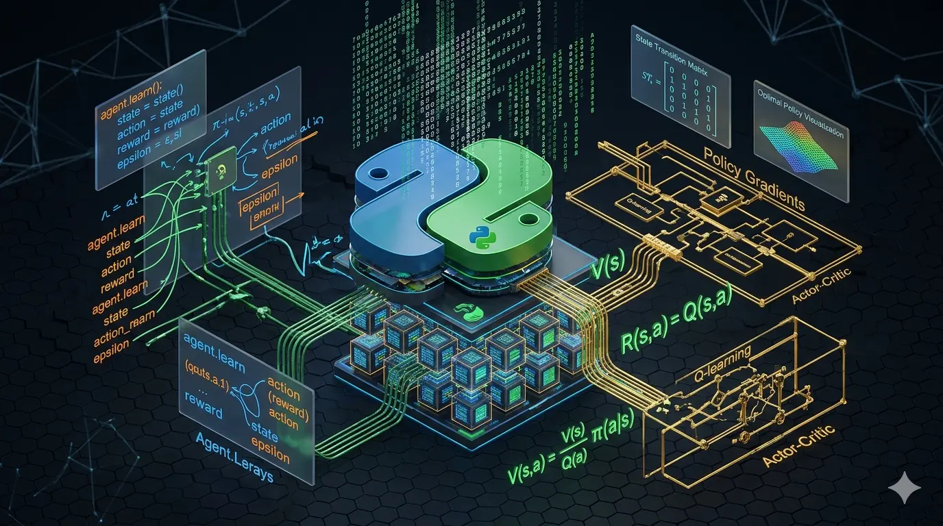 Diagrama visual e conceitual de Reinforcement Learning (Aprendizado por Reforço) construído com Python. No centro, o logo 3D do Python (snake). À esquerda, um agente de IA (cérebro digital) e fluxos de código agent.learn() interagem com estados e recompensas. À direita, esquemas detalhados de algoritmosPolicy Gradients, Actor-Critic e Q-learning, com fórmulas matemáticas como a Equação de Bellman V(s,a) = R(s,a) + γ max Q(s',a'), exemplificando os fundamentos técnicos para cientistas de dados. Estilo blueprint futurista de 8k com iluminação cinematográfica.