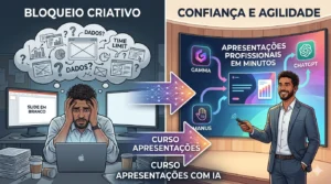 Um profissional estressado em frente a computadores com bloqueio criativo, transformado em um palestrante confiante usando inteligência artificial (Gamma, ChatGPT, Manus) para criar apresentações profissionais rápidas e eficientes. Símbolo do curso "Apresentações com IA".