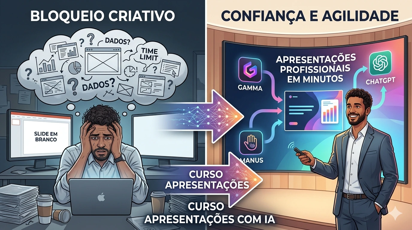 Um profissional estressado em frente a computadores com bloqueio criativo, transformado em um palestrante confiante usando inteligência artificial (Gamma, ChatGPT, Manus) para criar apresentações profissionais rápidas e eficientes. Símbolo do curso "Apresentações com IA".