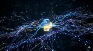 Logo em 3D da linguagem Python iluminado no centro de uma rede neural artificial complexa e brilhante, representando o desenvolvimento de Deep Learning e Inteligência Artificial.