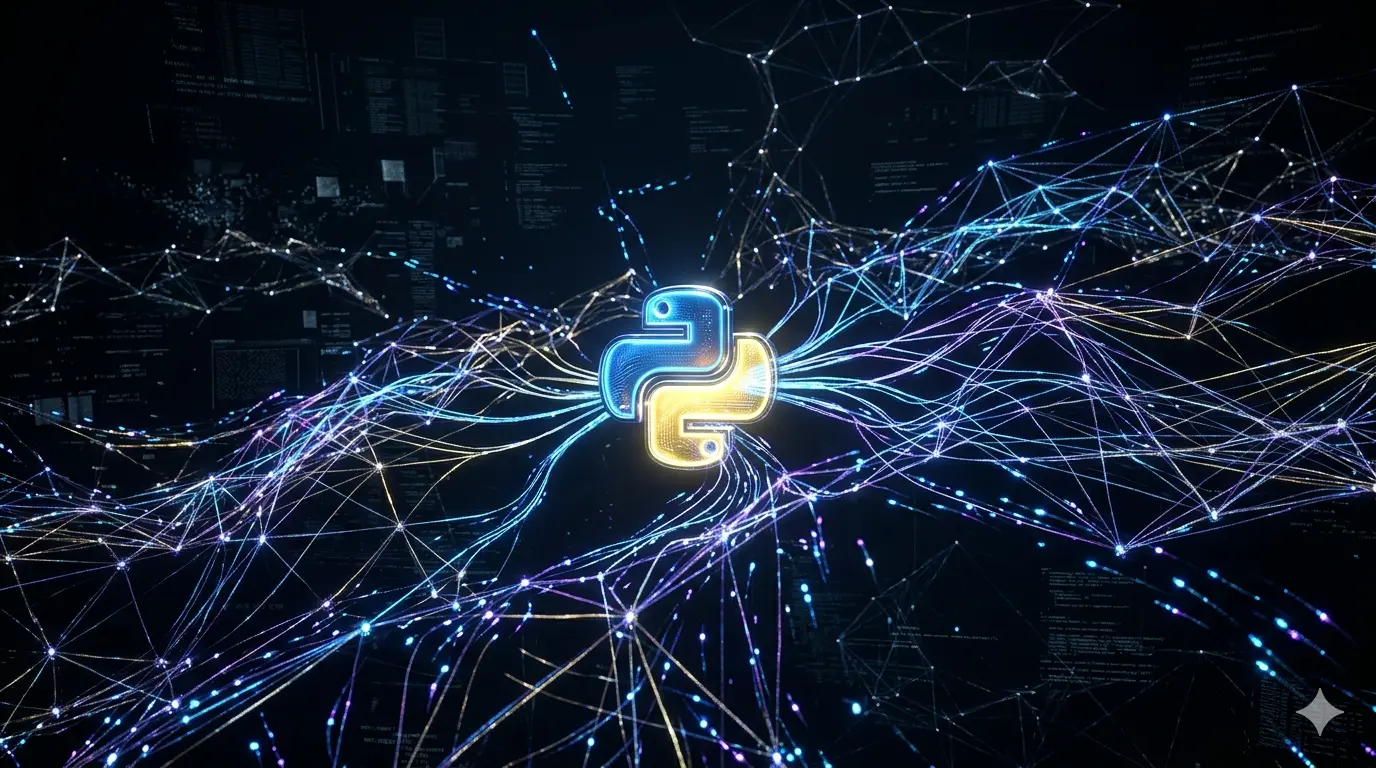 Logo em 3D da linguagem Python iluminado no centro de uma rede neural artificial complexa e brilhante, representando o desenvolvimento de Deep Learning e Inteligência Artificial.