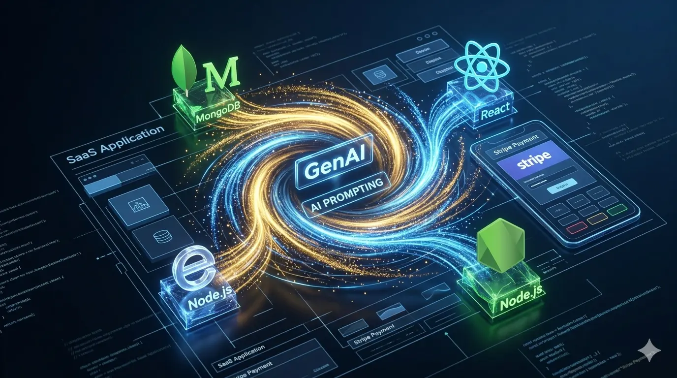 Diagrama de arquitetura de software: GenAI e AI Prompting no centro de um ecossistema MERN Stack (MongoDB, React, Node.js) para o desenvolvimento de uma aplicação SaaS com integração de pagamento Stripe.