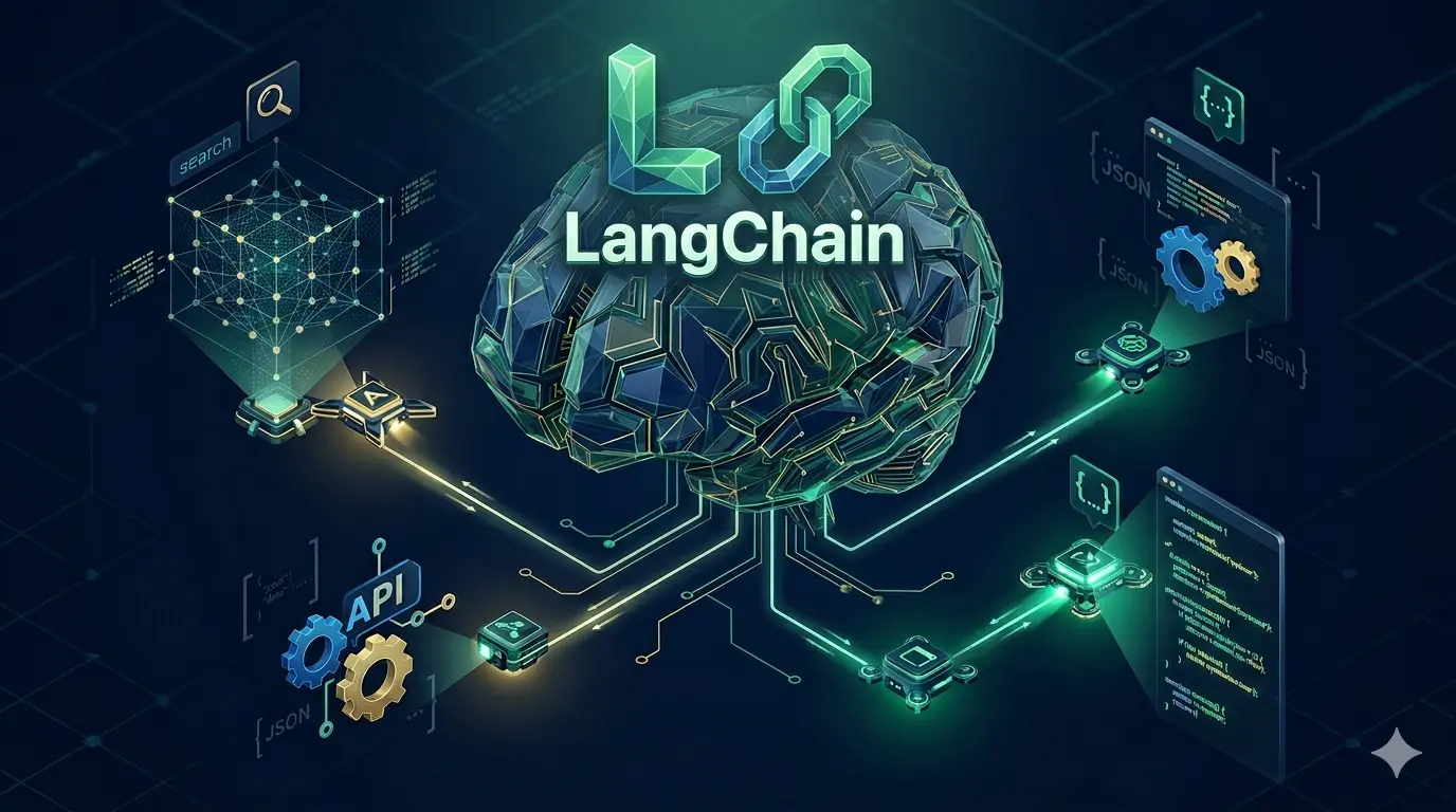 Ilustração isométrica digital do framework de IA LangChain, com o logotipo e o texto acima de um cérebro cibernético low-poly central. O cérebro está conectado a uma rede de nós de dados e janelas de interface flutuantes que mostram recursos como blocos de pesquisa (search), blocos de código, ícones de API e dados JSON, representando a arquitetura de PLN e rede de dados. Estética cibernética escura com brilhos de néon.
