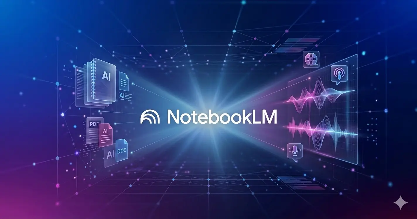 Review - 02 - Geração de um artigo sobre o curso da Udemy Gem personalizado Uma imagem tecnológica de marketing com o logotipo e nome "NotebookLM" no centro, com luzes em forma de X emanando. Mostra ícones à esquerda para processamento de documentos de IA, incluindo PDF, DOC e texto, e ícones à direita para análise de mídia, incluindo microfone, ondas de áudio e vídeo. O fundo é uma rede futurista de grafos em azul e roxo, simbolizando o processamento de dados e a IA generativa.