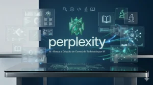 Infográfico do curso Perplexity AI de Paulo Andrade, mostrando um desk digital futurista com o logo crystalline verde, o texto 'perplexity' e painéis holográficos de busca, análise de dados e criação de conteúdo. Título: 'AI - Busca e Criação de Conteúdo Turbinada por IA'