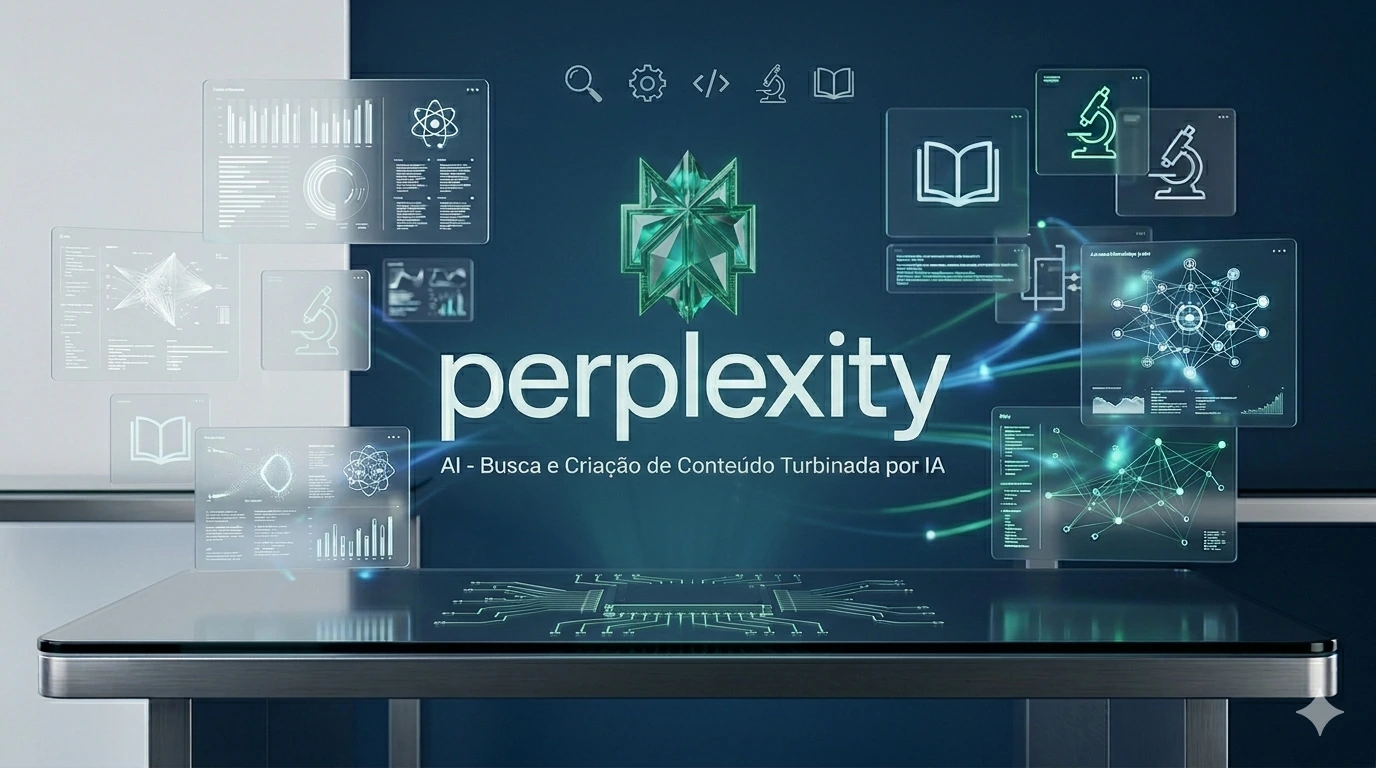 Infográfico do curso Perplexity AI de Paulo Andrade, mostrando um desk digital futurista com o logo crystalline verde, o texto 'perplexity' e painéis holográficos de busca, análise de dados e criação de conteúdo. Título: 'AI - Busca e Criação de Conteúdo Turbinada por IA'