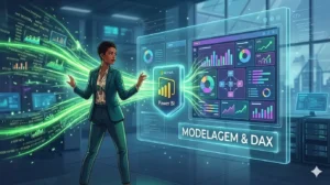 Profissional analisando painéis de dados interativos em uma interface holográfica do Microsoft Power BI, representando o curso Aprenda Microsoft Power BI em 7 dias com foco em modelagem de dados e DAX.