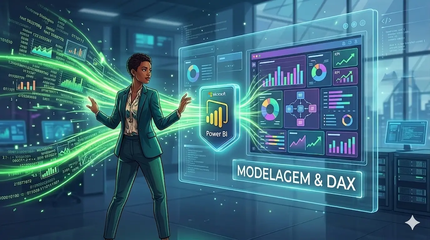 Profissional analisando painéis de dados interativos em uma interface holográfica do Microsoft Power BI, representando o curso Aprenda Microsoft Power BI em 7 dias com foco em modelagem de dados e DAX.