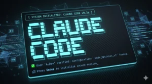 Interface digital de estilo hacker e desenvolvimento de software com o logotipo 'CLAUDE CODE' em destaque em luz ciano sobre fundo escuro tecnológico.