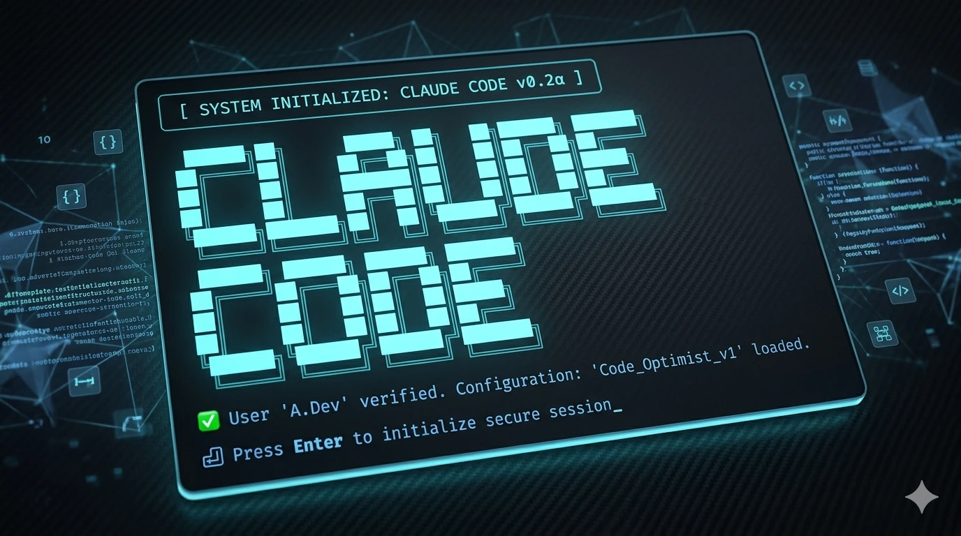Interface digital de estilo hacker e desenvolvimento de software com o logotipo 'CLAUDE CODE' em destaque em luz ciano sobre fundo escuro tecnológico.