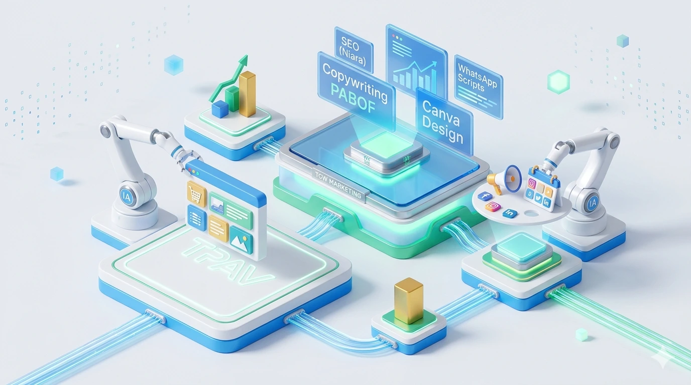 Ilustração 3D isométrica representando um estúdio de produção de marketing digital com inteligência artificial, mostrando braços robóticos criando layouts, scripts e estratégias de SEO para o curso de Formação Marketing Digital com IA da TCW