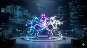 Renderização 3D de alta definição em 8k, no estilo Unreal Engine 5, que representa uma cinematográfica 'Guerra de Agentes de Código' em um centro de comando cibernético futurista e cyberpunk. Três poderosos agentes de código abstratos, feitos de fluxos de dados e luzes neon (azul, roxo, branco), colidem no centro. O fundo é preenchido com hologramas flutuantes de complexas arquiteturas de software e linhas de código fonte, criando uma atmosfera de alta tensão com iluminação volumétrica.