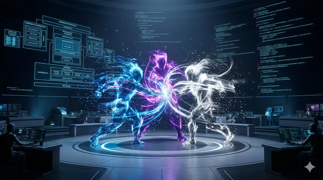 Renderização 3D de alta definição em 8k, no estilo Unreal Engine 5, que representa uma cinematográfica 'Guerra de Agentes de Código' em um centro de comando cibernético futurista e cyberpunk. Três poderosos agentes de código abstratos, feitos de fluxos de dados e luzes neon (azul, roxo, branco), colidem no centro. O fundo é preenchido com hologramas flutuantes de complexas arquiteturas de software e linhas de código fonte, criando uma atmosfera de alta tensão com iluminação volumétrica.