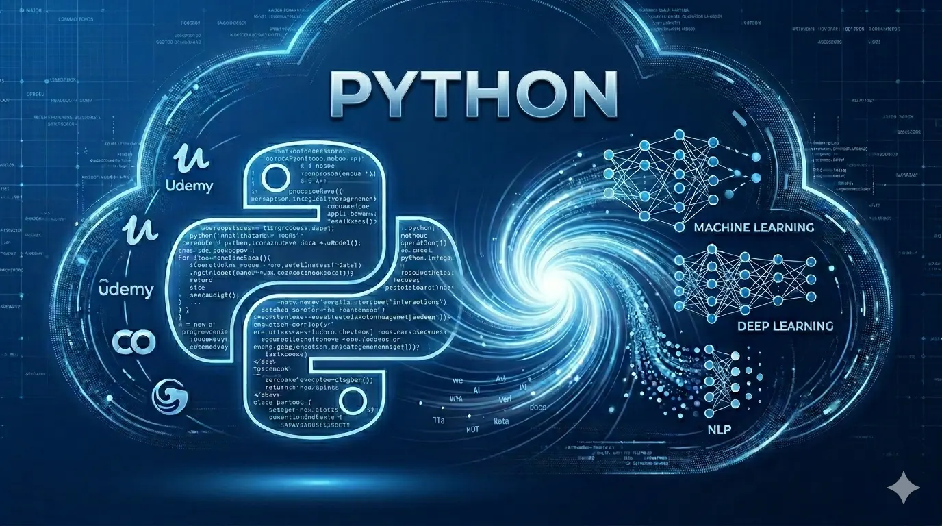 Infográfico do ecossistema Python Full-stack AI: Uma nuvem de dados mostrando a palavra 'PYTHON' no topo, conectando contratos de código e logos (Udemy, Google) a conceitos de Inteligência Artificial como Machine Learning, Deep Learning e Processamento de Linguagem Natural (NLP) com grafos de redes neurais.