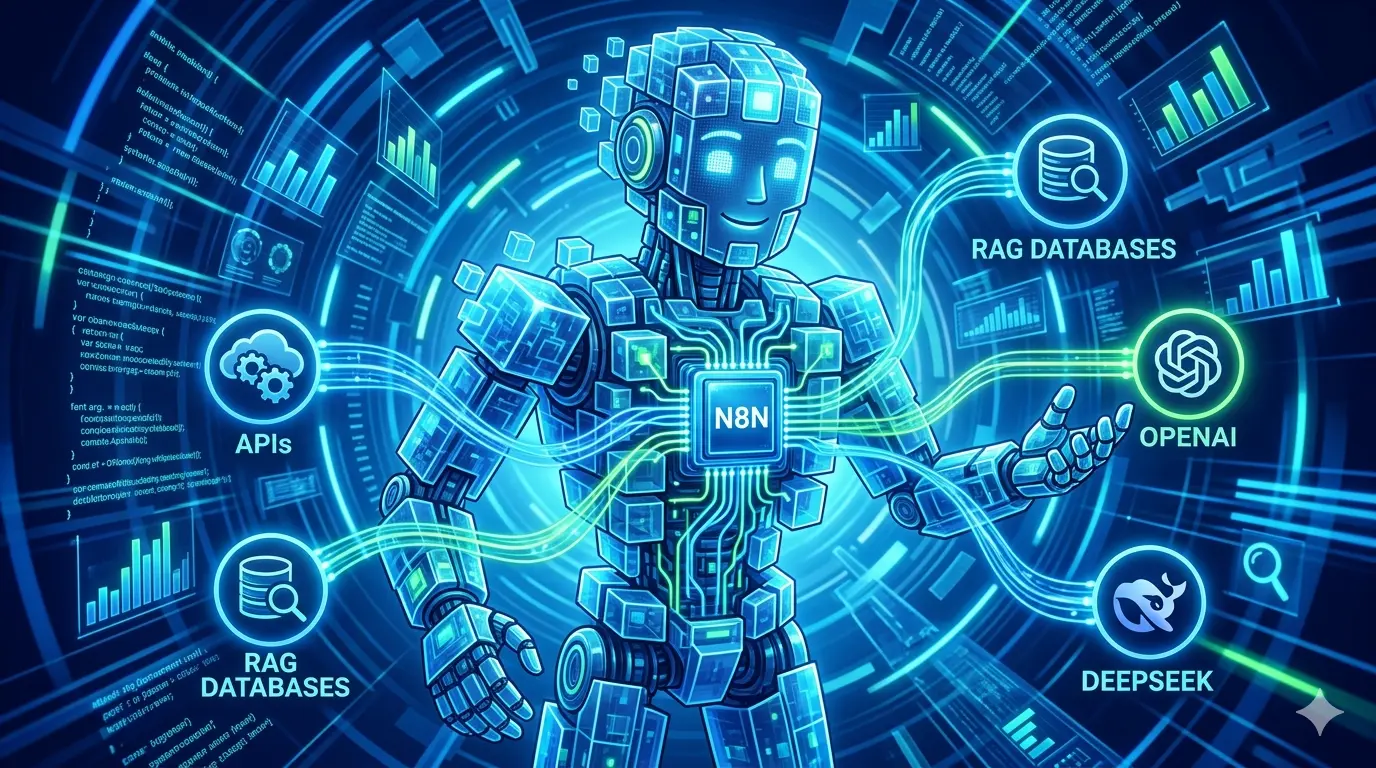 Ilustração digital estilizada de um robô humanoide representando um agente de IA, com uma placa lógica central escrita N8N. Fluxos de dados conectados a ícones flutuantes de APIs, OpenAI, Deepseek e RAG Databases em um fundo cibernético azul.