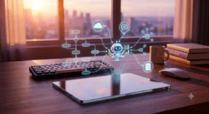 Tablet posicionado sobre uma mesa de madeira em um escritório moderno ao pôr do sol, exibindo um holograma flutuante de um fluxo de trabalho automatizado com um ícone de robô inteligente, ícones de nuvem, mensagens e banco de dados, simbolizando automação No-Code com inteligência artificial