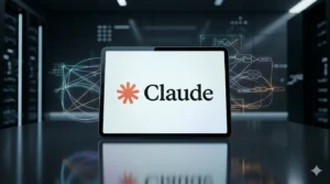 Imagem destacada com o logotipo 'Claude AI' em destaque sobre um fundo fosco profissional, representando uma análise técnica e review do curso de inteligência artificial generativa