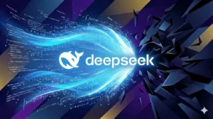 Ilustração digital futurista mostrando o logotipo do DeepSeek brilhando em azul, dissipando formas geométricas escuras que representam barreiras tecnológicas e concorrência, com fórmulas e códigos flutuando ao redor