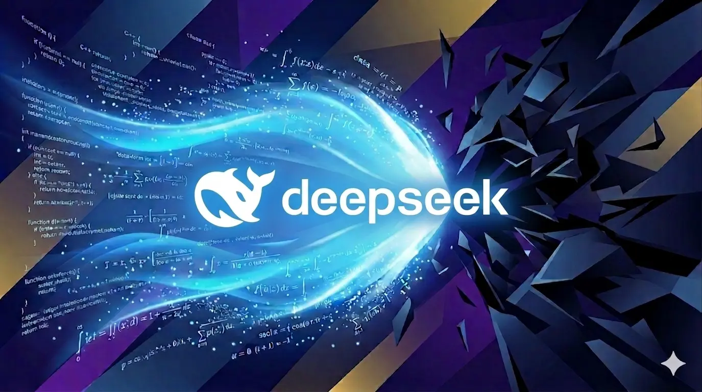 Ilustração digital futurista mostrando o logotipo do DeepSeek brilhando em azul, dissipando formas geométricas escuras que representam barreiras tecnológicas e concorrência, com fórmulas e códigos flutuando ao redor